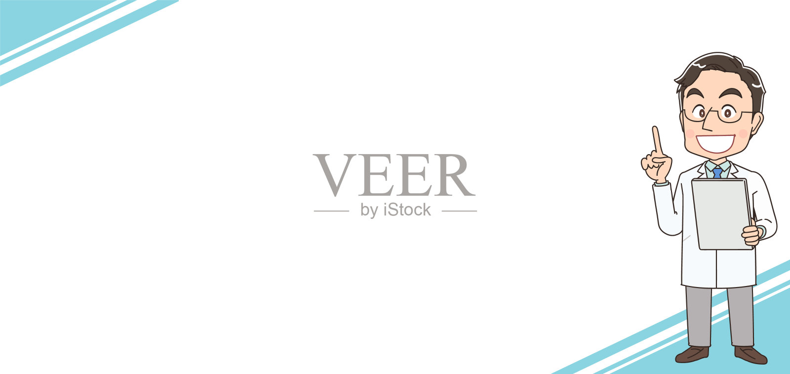 一个穿白大褂的男医生。他使用平板电脑。与复制空间。插画图片素材