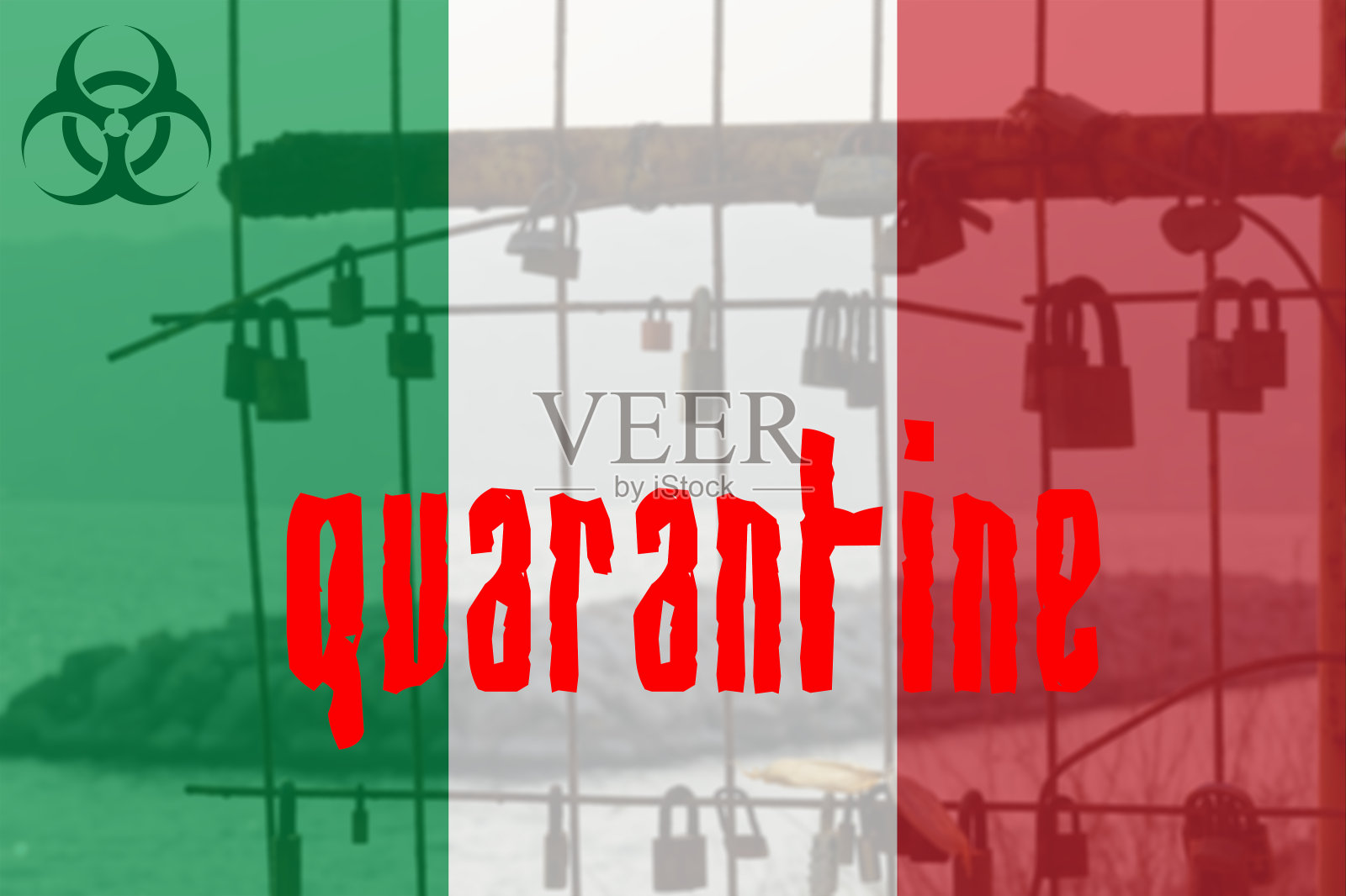 由于2019-nCoV病毒概念，红色区域限制移动到所有国家，意大利国家地图和挂锁图像。照片摄影图片