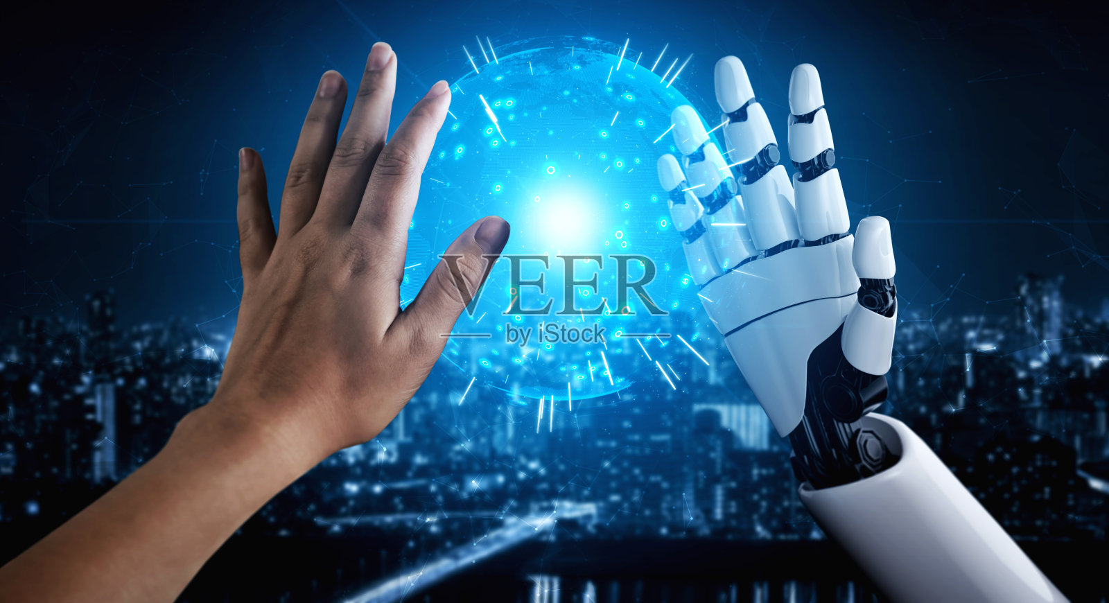 未来的人工智能机器人和半机械人。照片摄影图片