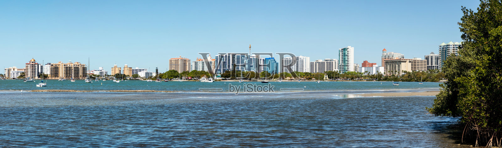 萨拉索塔湾，背景是约翰·林林铜锣桥照片摄影图片