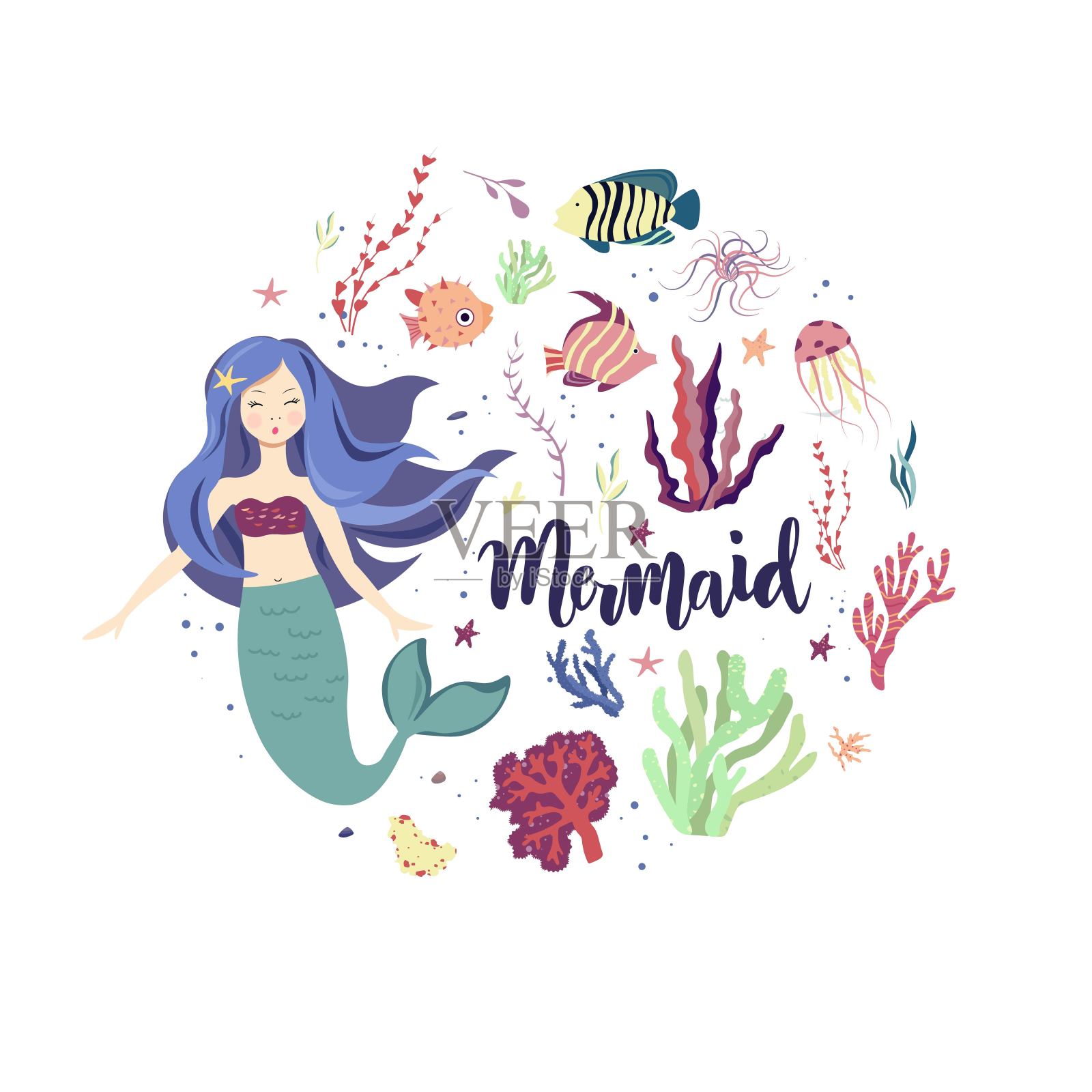 美人鱼文字与美人鱼，星星，鱼纹理背景。矢量插图服装，贺卡，派对，标志，徽章，图标，卡片，邀请和旗帜模板。文字排版。插画图片素材