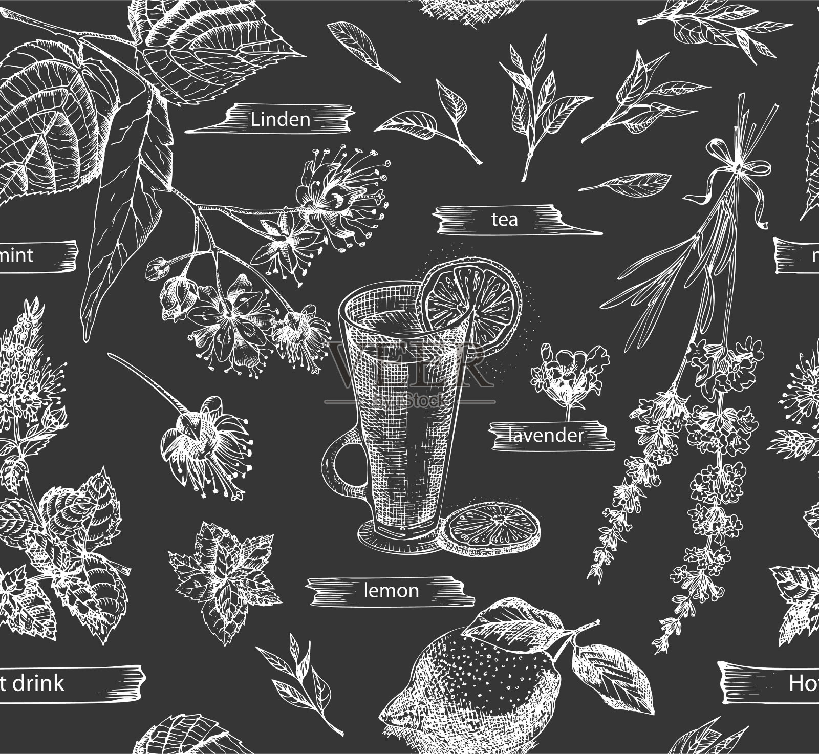 无缝图案与复古手绘素描八角，肉桂，薰衣草，迷迭香，柠檬，生姜，咖啡，茶，薄荷，椴树孤立在黑色黑板背景插画图片素材