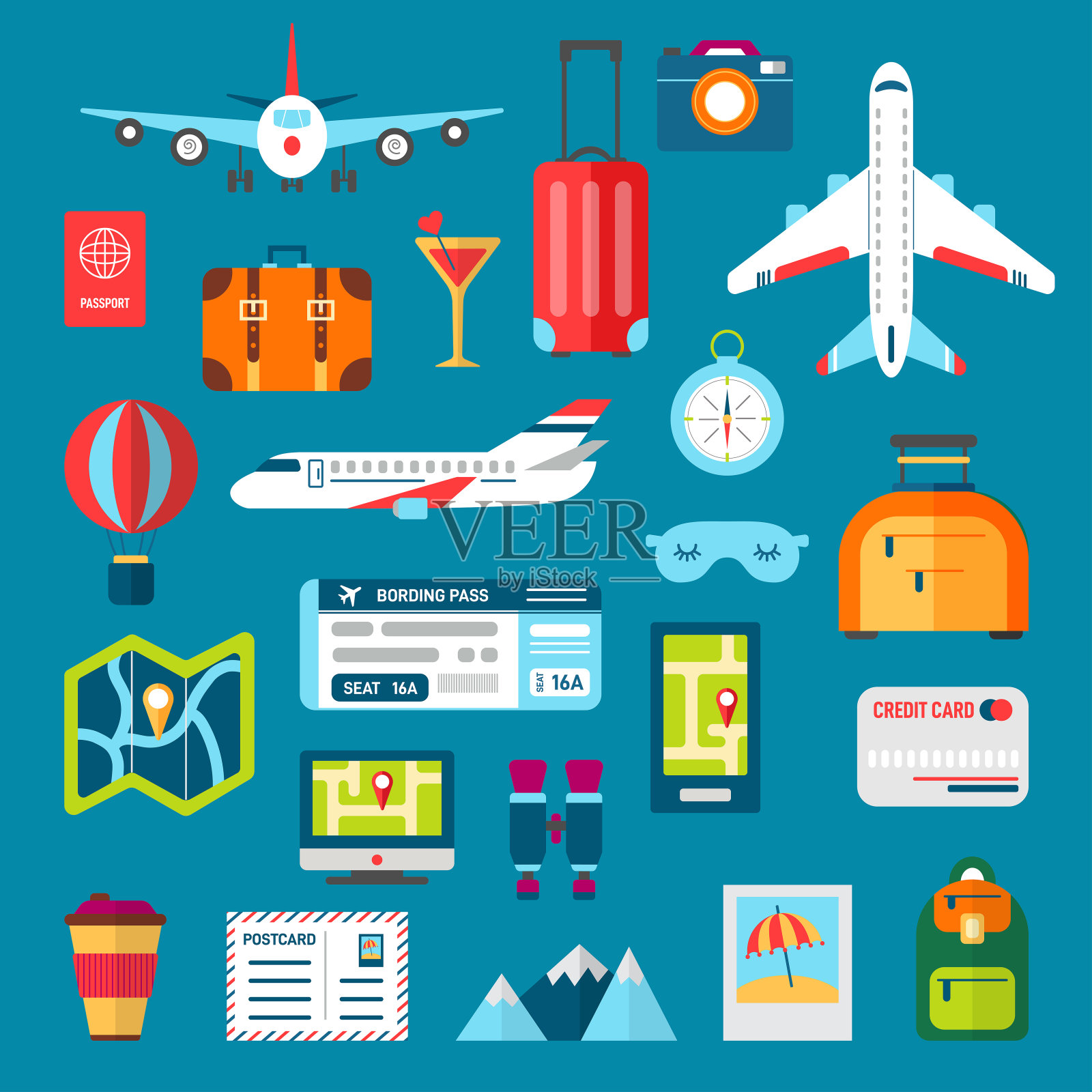 向量飞机行李行李夏季机场旅行图标素材