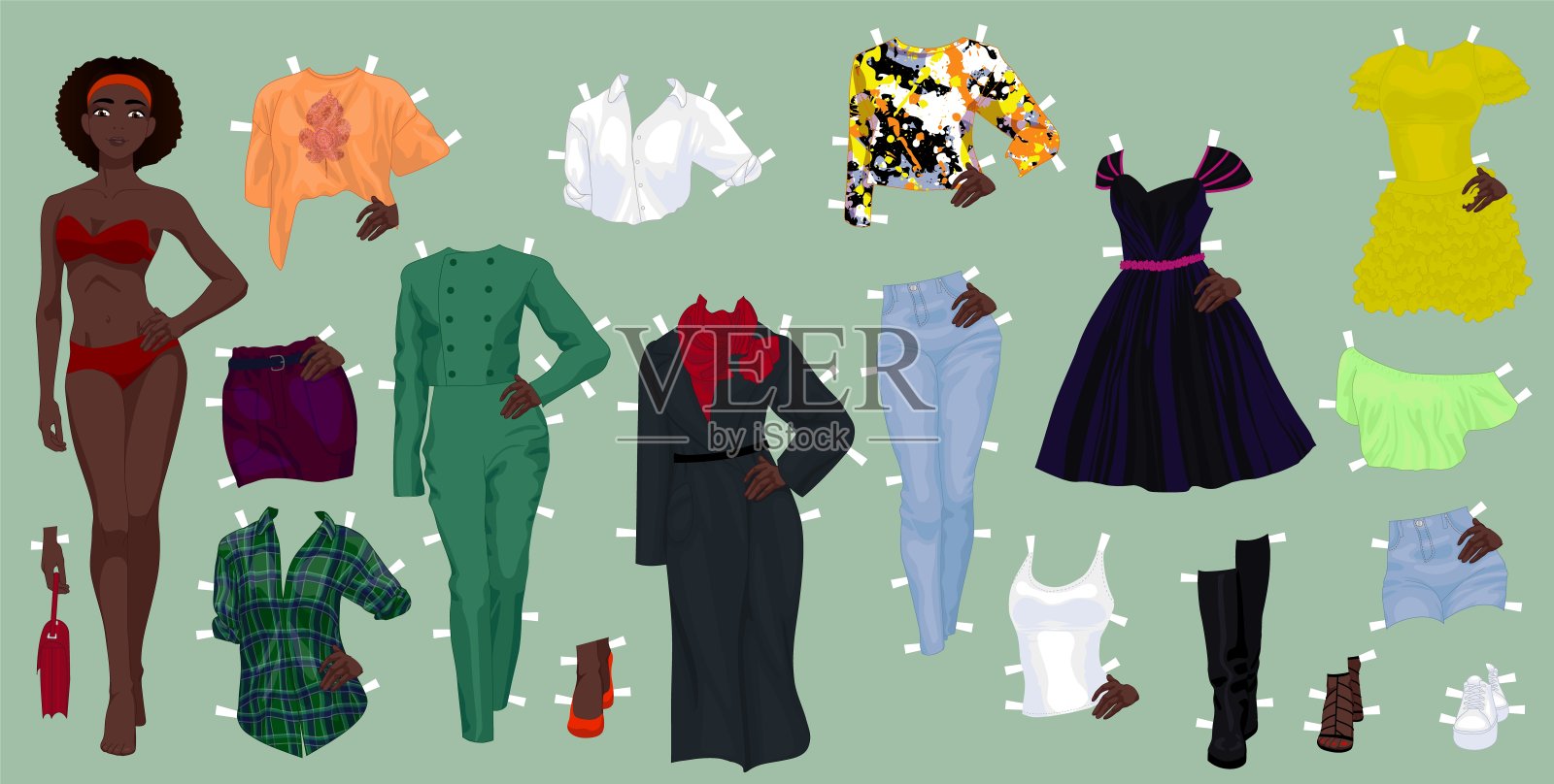 一个漂亮的穿着衣服的黑人女孩的纸娃娃插画图片素材