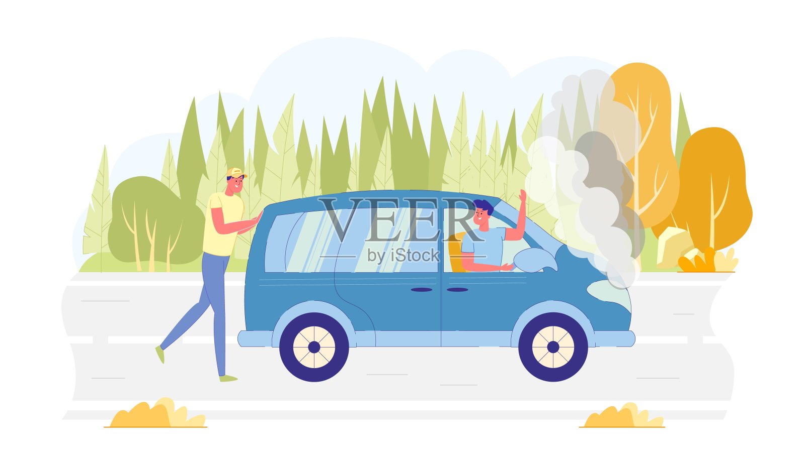 朋友男人推破车在森林背景。设计元素图片