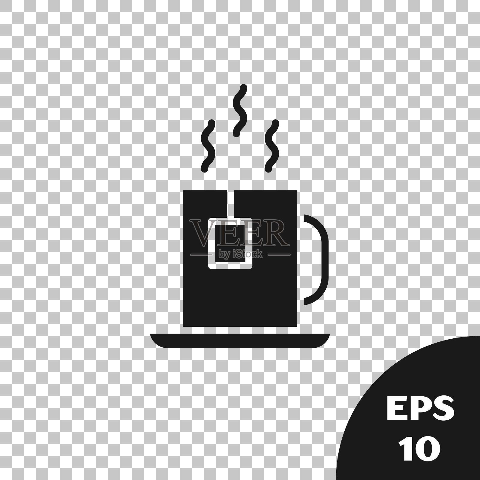 黑色茶杯的茶与茶袋图标隔离在透明的背景。矢量图插画图片素材