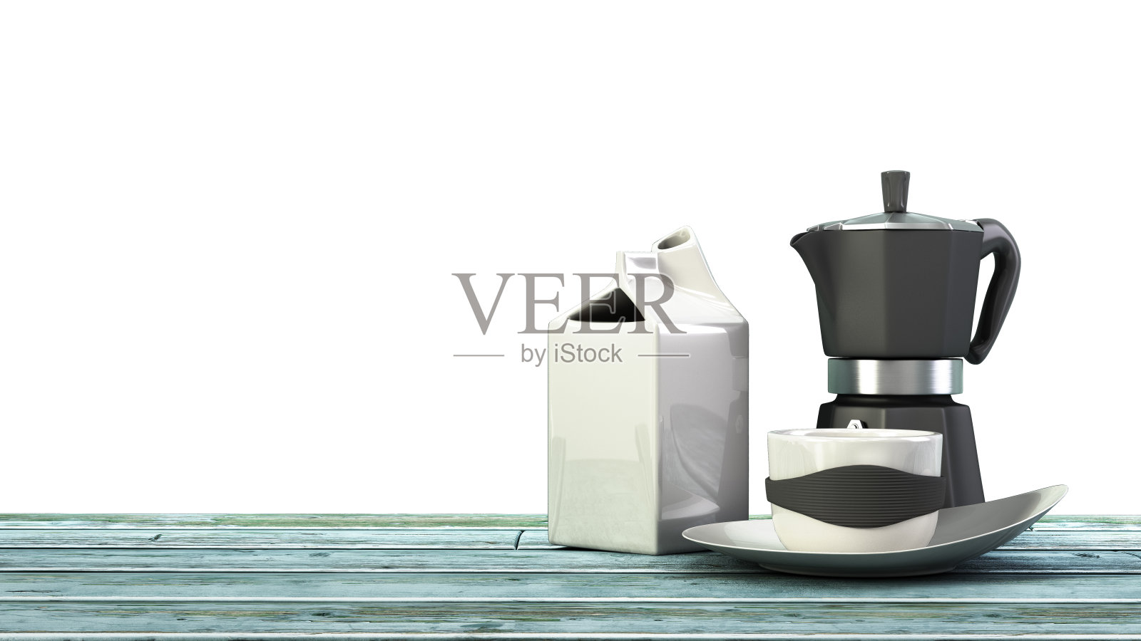 间歇泉咖啡机杯的咖啡和牛奶在木地板上3d渲染在白色照片摄影图片