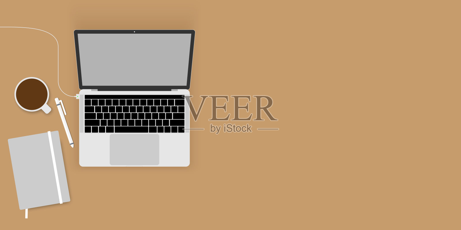 在家工作，工作空间。平的赢富数据。工作桌面俯视图，办公桌上的桌子与笔记本电脑。插画图片素材