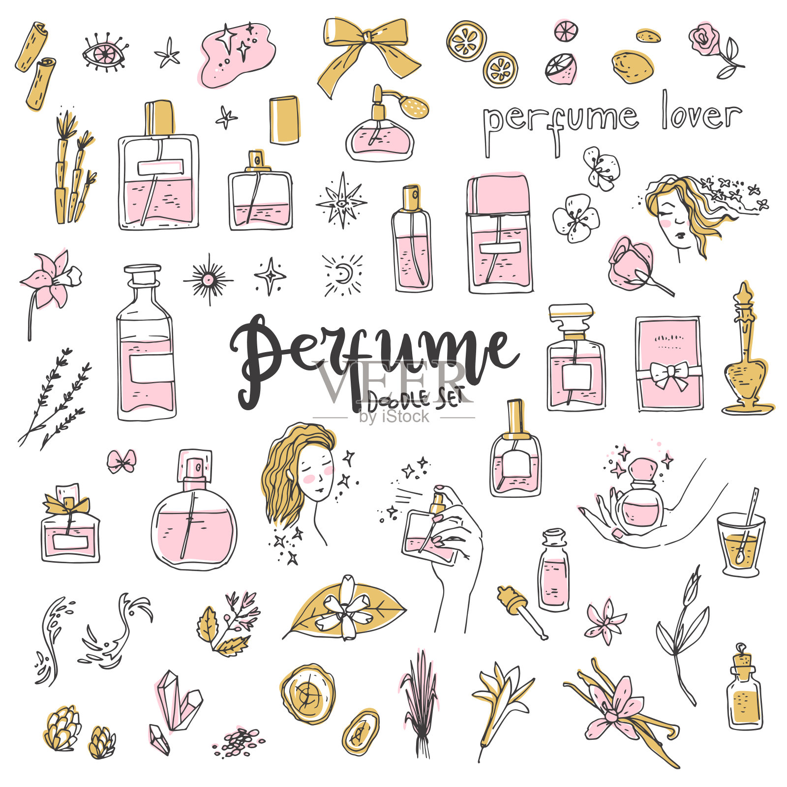 香水涂鸦集。瓶子，配料和装饰元素，简单可爱的风格。插画图片素材