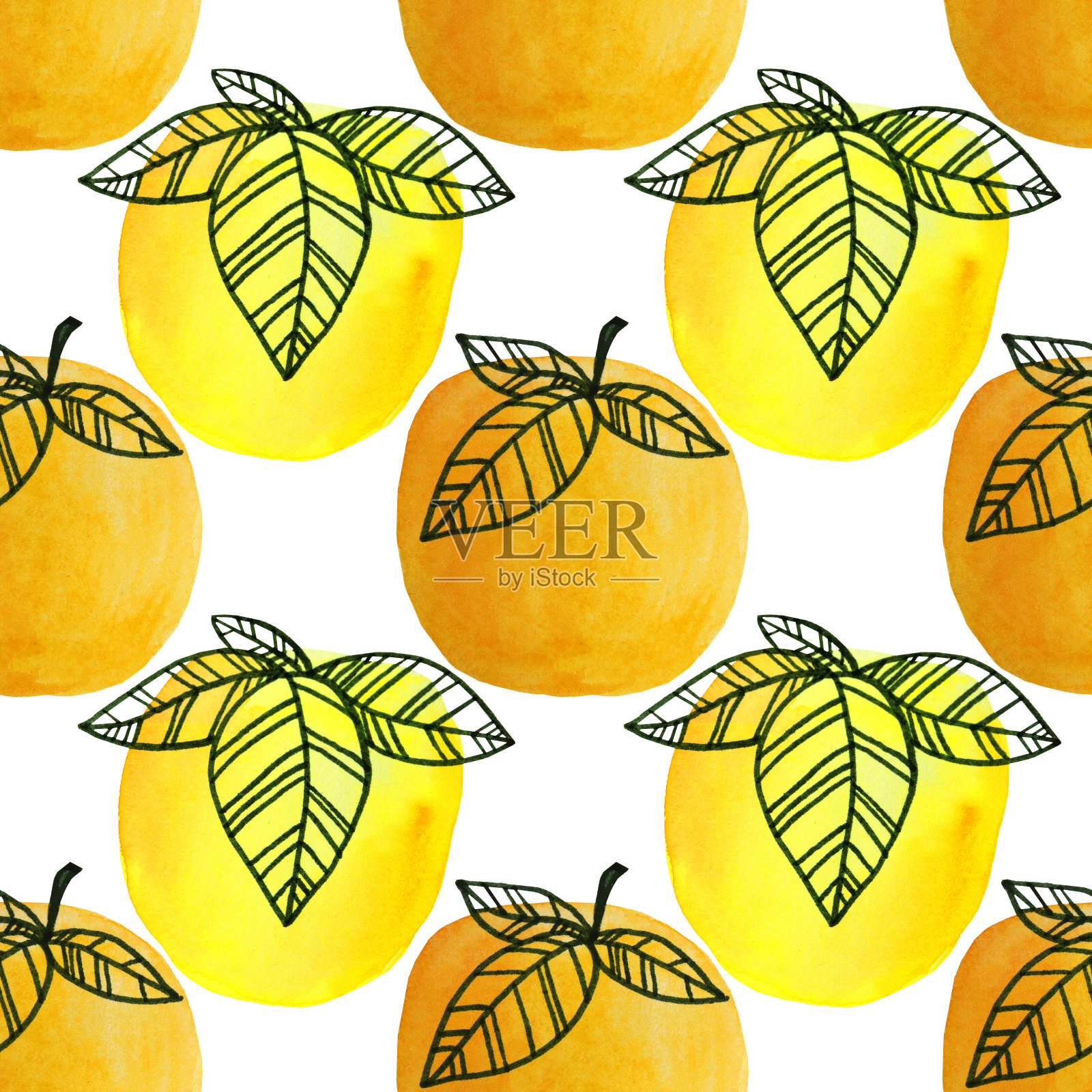 无缝图案水彩和标记黄色和橙色苹果与叶子孤立在白色背景天真的艺术创意包装插画图片素材