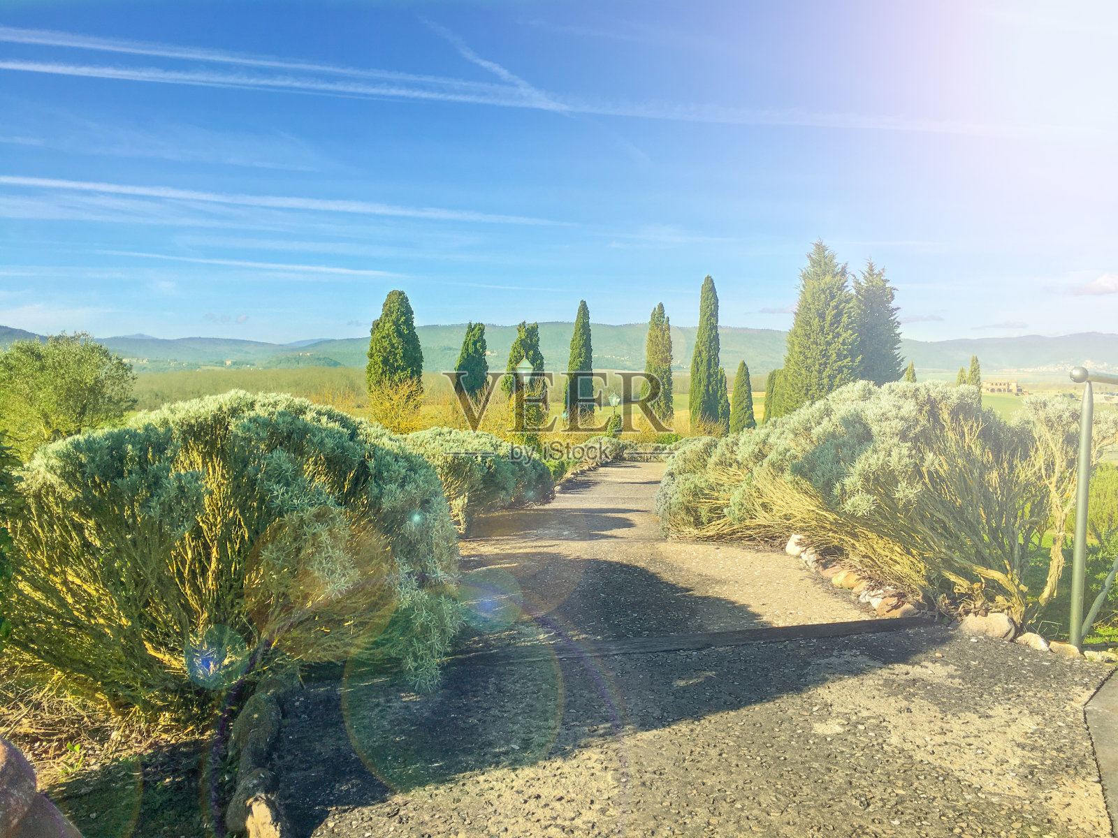 托斯卡纳的风景在阳光的照耀下美丽地沉浸在绿色和蓝色的天空。照片摄影图片