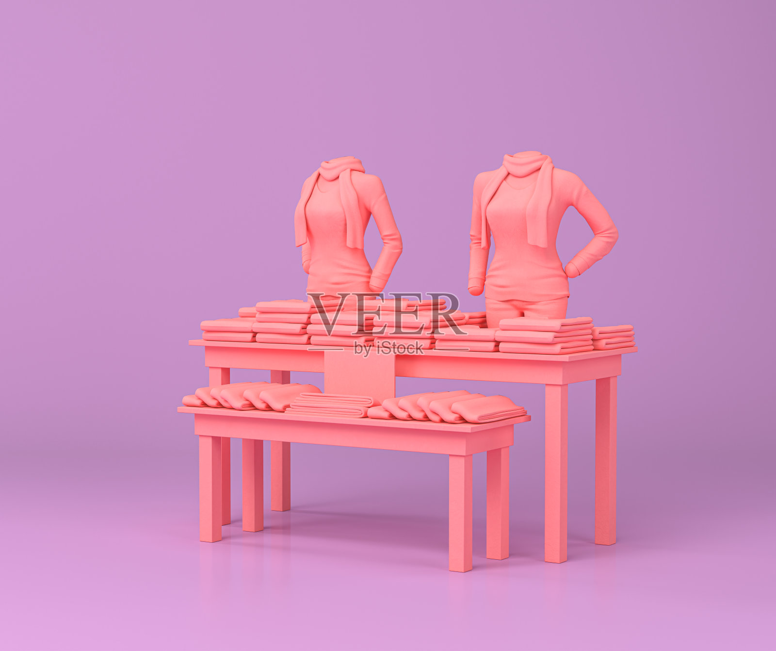 女式布架、商店货架、商店摊位以紫色和粉红色为平，单色背景，3d渲染照片摄影图片