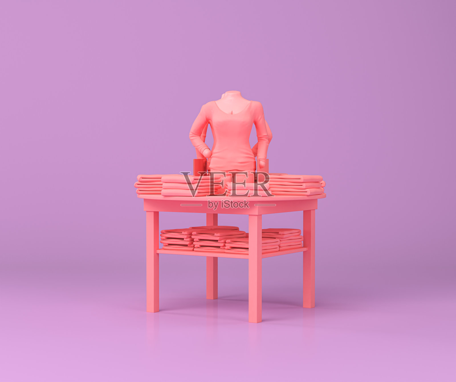 女装布架、商店货架、商店摊位以紫色和粉红色为平，单色背景，3d渲染照片摄影图片