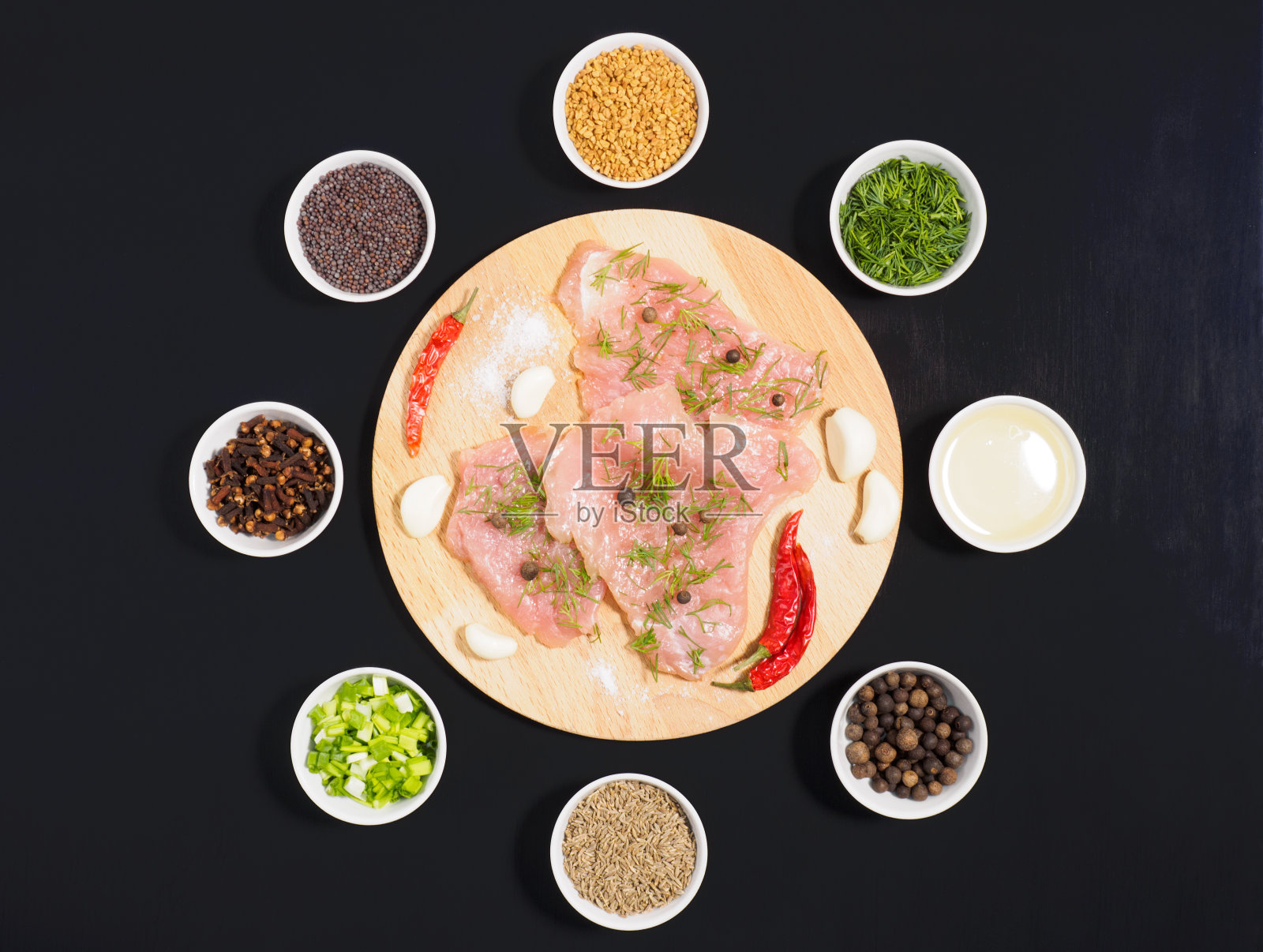 肉片火鸡野味，大蒜，盐，茴香，多香果，红辣椒，洋葱，孜然，丁香，芥菜籽，胡芦巴，油在黑色木质背景上。健康饮食的概念照片摄影图片