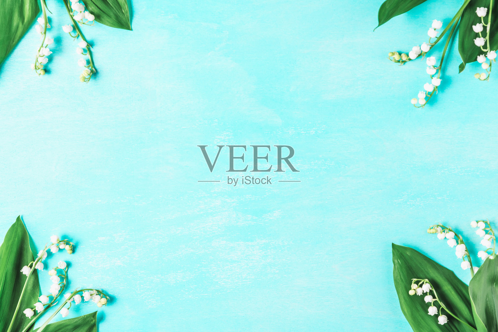 蓝色木质背景上的春天的百合花山谷。顶部视图与复制空间照片摄影图片