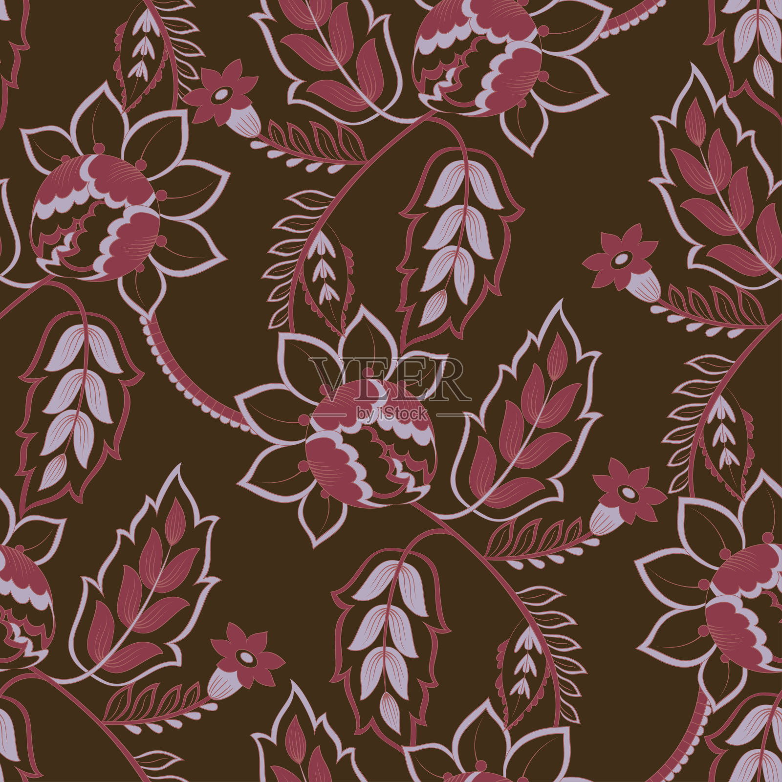 优雅的无缝图案与民族花卉和叶子，矢量花卉插图在复古风格插画图片素材