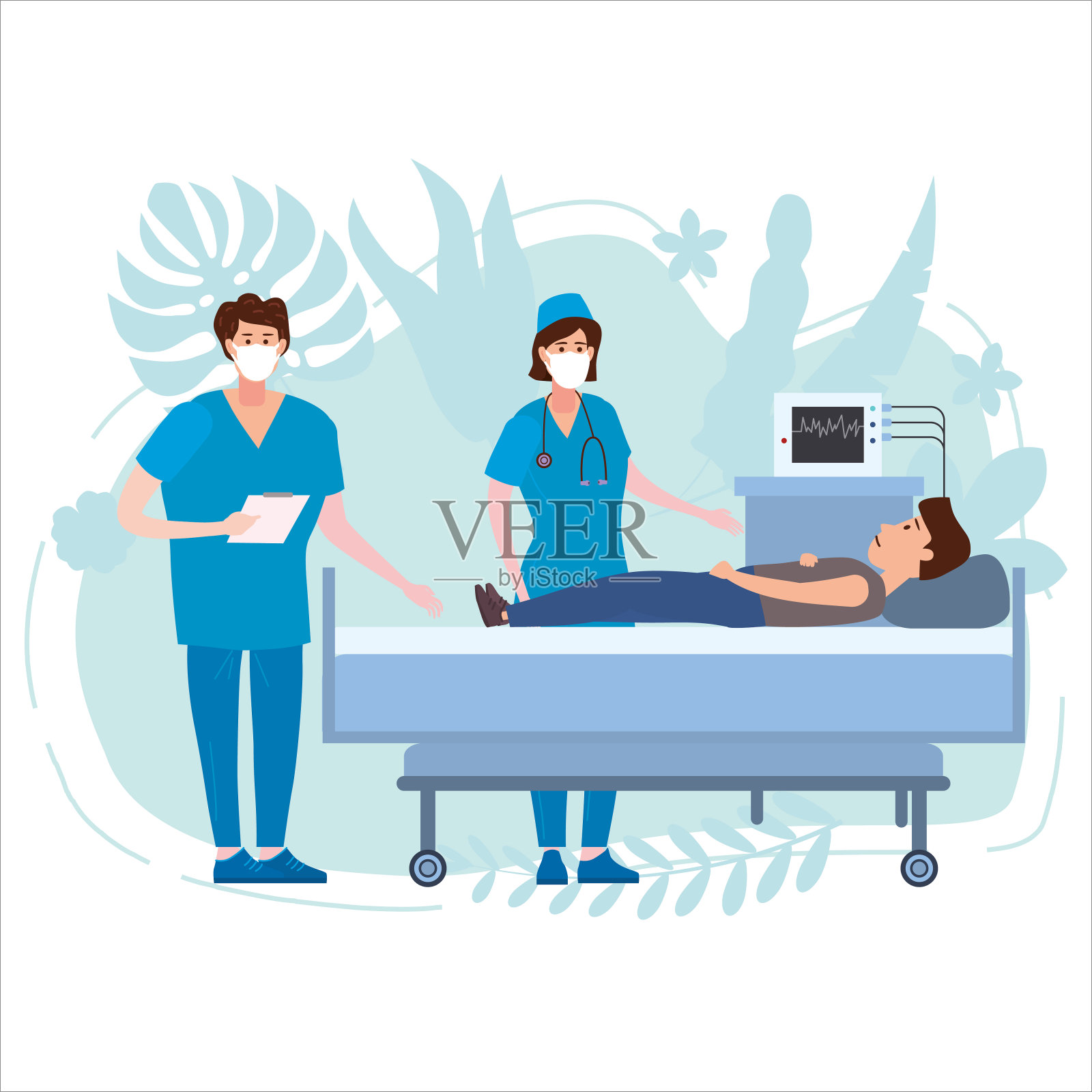 医生和护士在抗病毒口罩和病人照顾病人的健康。会诊和诊断医学测试病毒检查。矢量插图孤立设计元素图片