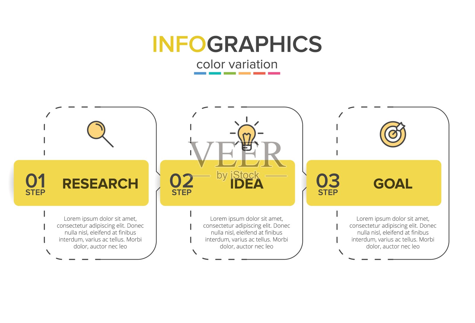 箭头商业模式的概念，分为三个连续的步骤。三个色彩丰富的图形元素。宣传册、演示的时间线设计。信息图表设计布局。插画图片素材