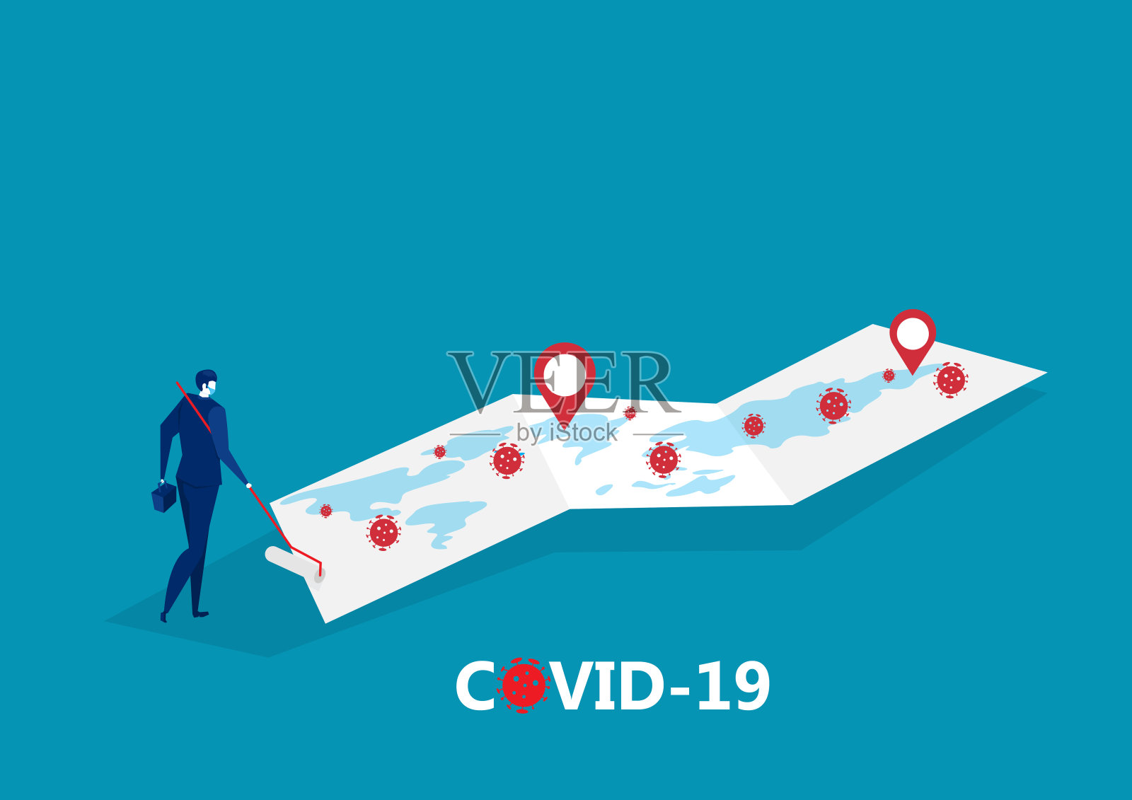 商人大清洁病毒日冕地图上危险位置矢量插画插画图片素材