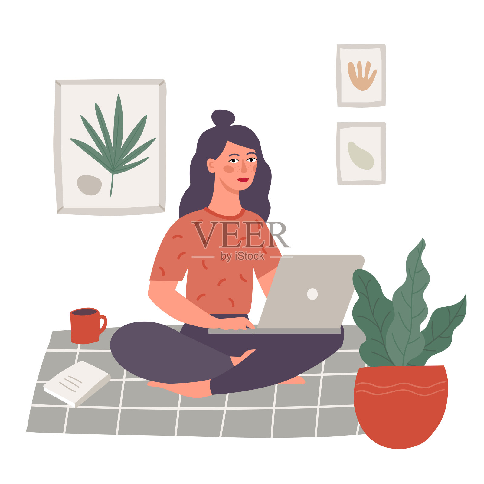 可爱的女人在舒适的房间里用笔记本电脑在家工作。远程工作的自由职业者。检疫工作插画图片素材