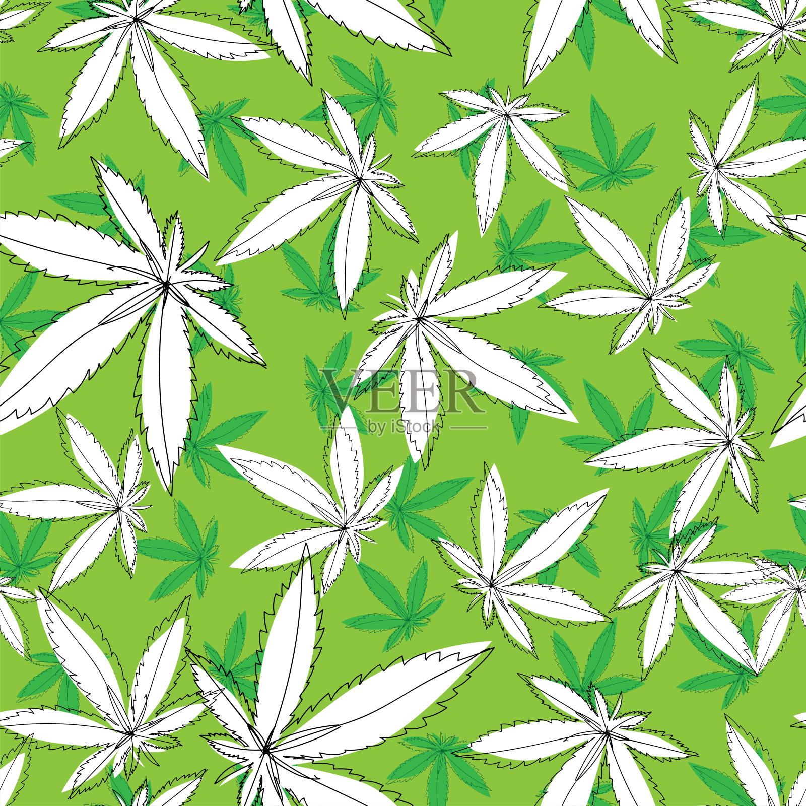 无缝模式与大麻叶。手绘设计元素大麻。复古绿色矢量雕刻插图标签，海报，网页。孤立的颜色背景。插画图片素材