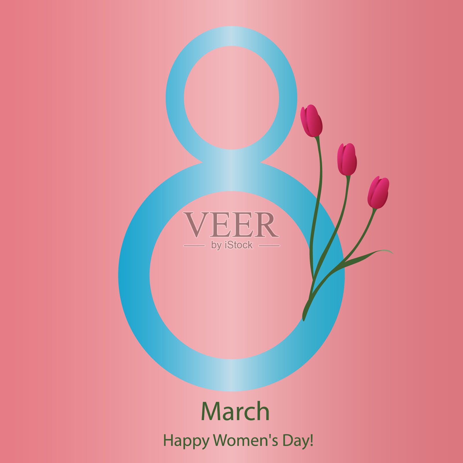 3月8日妇女节快乐贺卡矢量插图。亮粉色郁金香的装饰。淡粉色孤立的背景。简洁的风格。假日打印。插画图片素材
