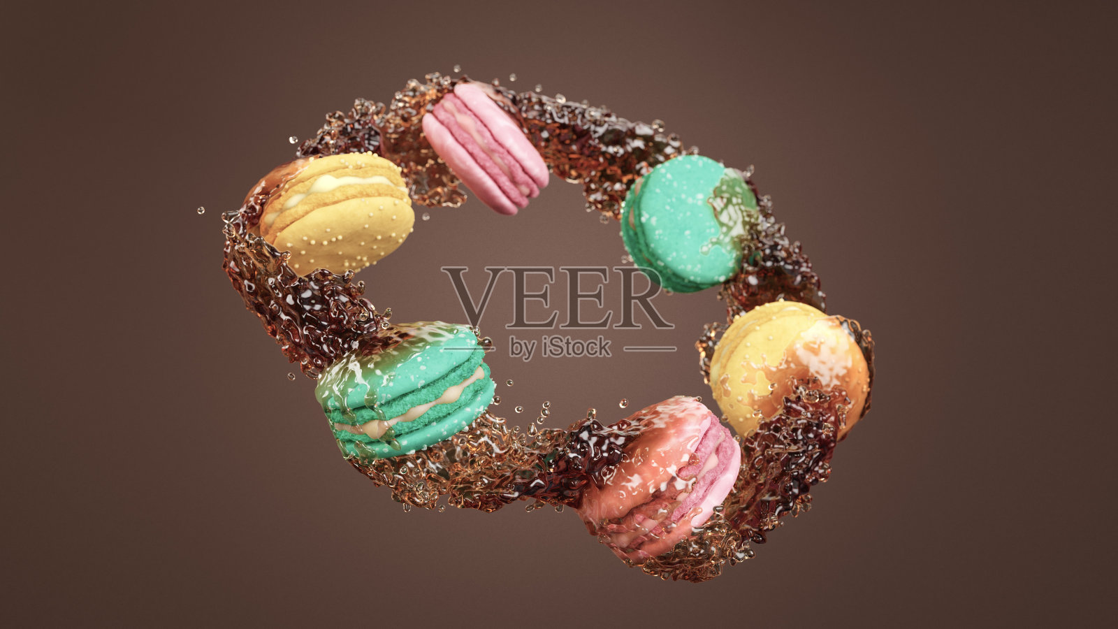 一圈咖啡和溅出来的马卡龙照片摄影图片