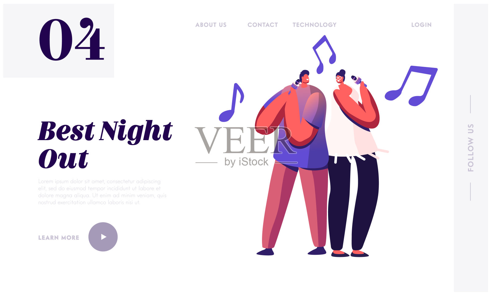 欢快的情侣在卡拉ok酒吧网站登陆页唱歌。台上拿着麦克风的男人和女人。周末业余时间，创意爱好网页横幅。卡通平面矢量插图插画图片素材