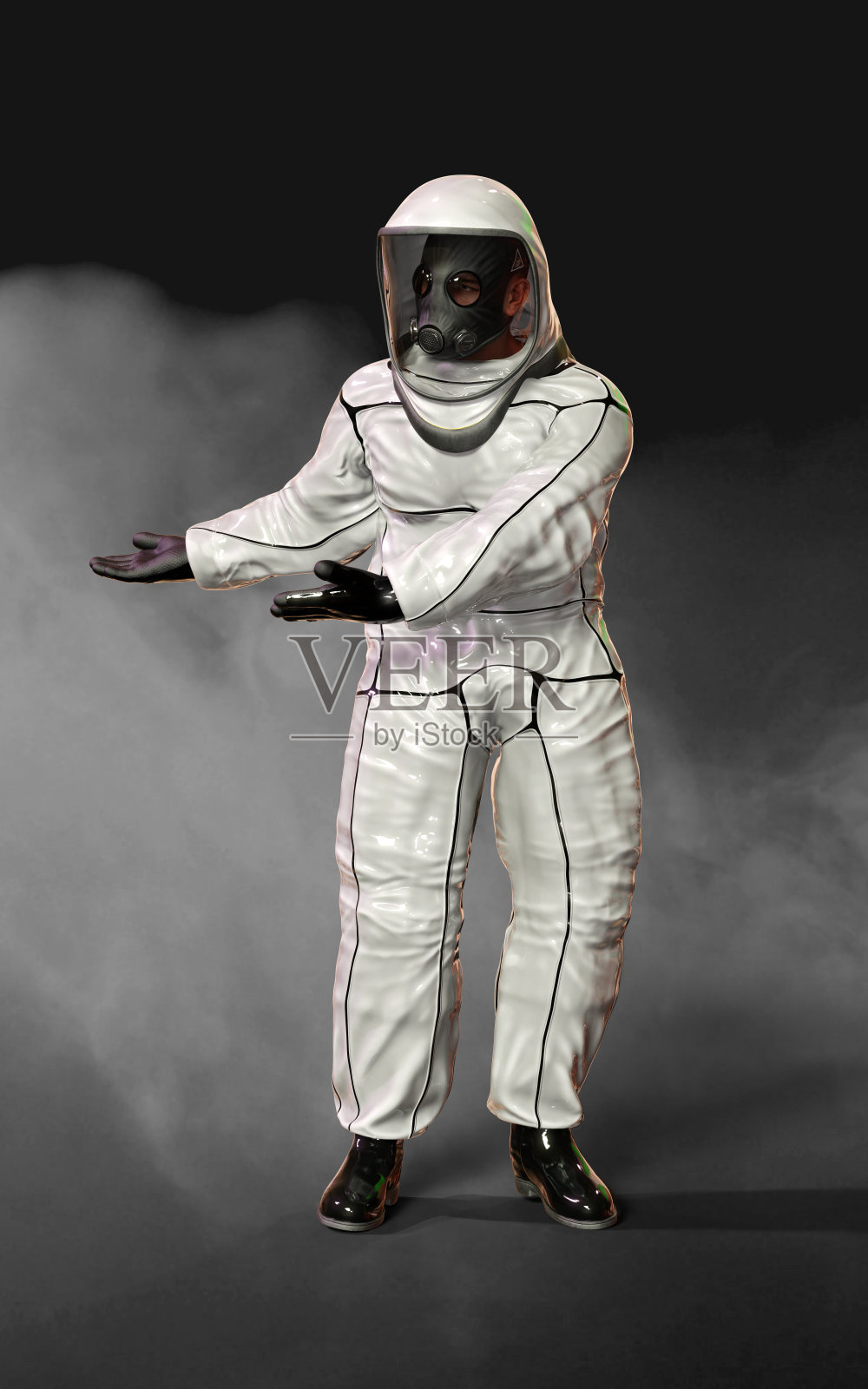 身着病毒防护服和防毒面具的男子阻止冠状病毒传播。照片摄影图片