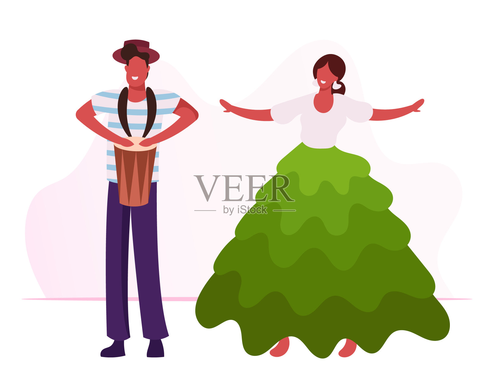 兴奋的鼓手打鼓，美丽的女孩在五颜六色的长袍跳舞桑巴舞。才华横溢的音乐家角色表演里约热内卢嘉年华与娱乐节目卡通平面矢量插图插画图片素材