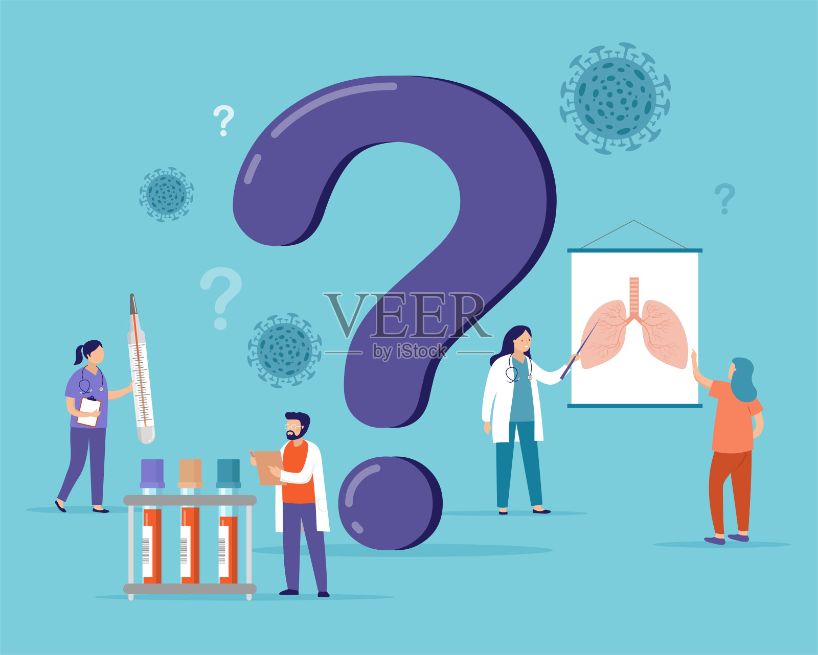 问医生。医生们，男男女女，医学专业人士面前站着一个巨大的问号。矢量图插画图片素材