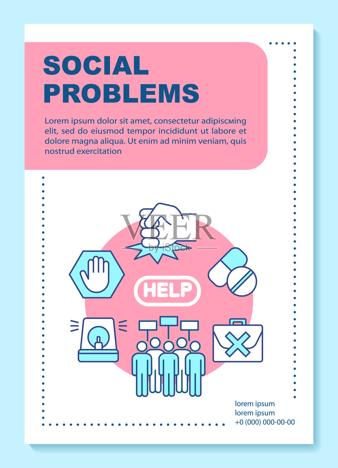 社会问题，海报模板布局问题。社会中的暴力，骚扰和欺凌。横幅，小册子，单张印刷设计与线性图标。矢量宣传册页面布局，广告传单插画图片素材