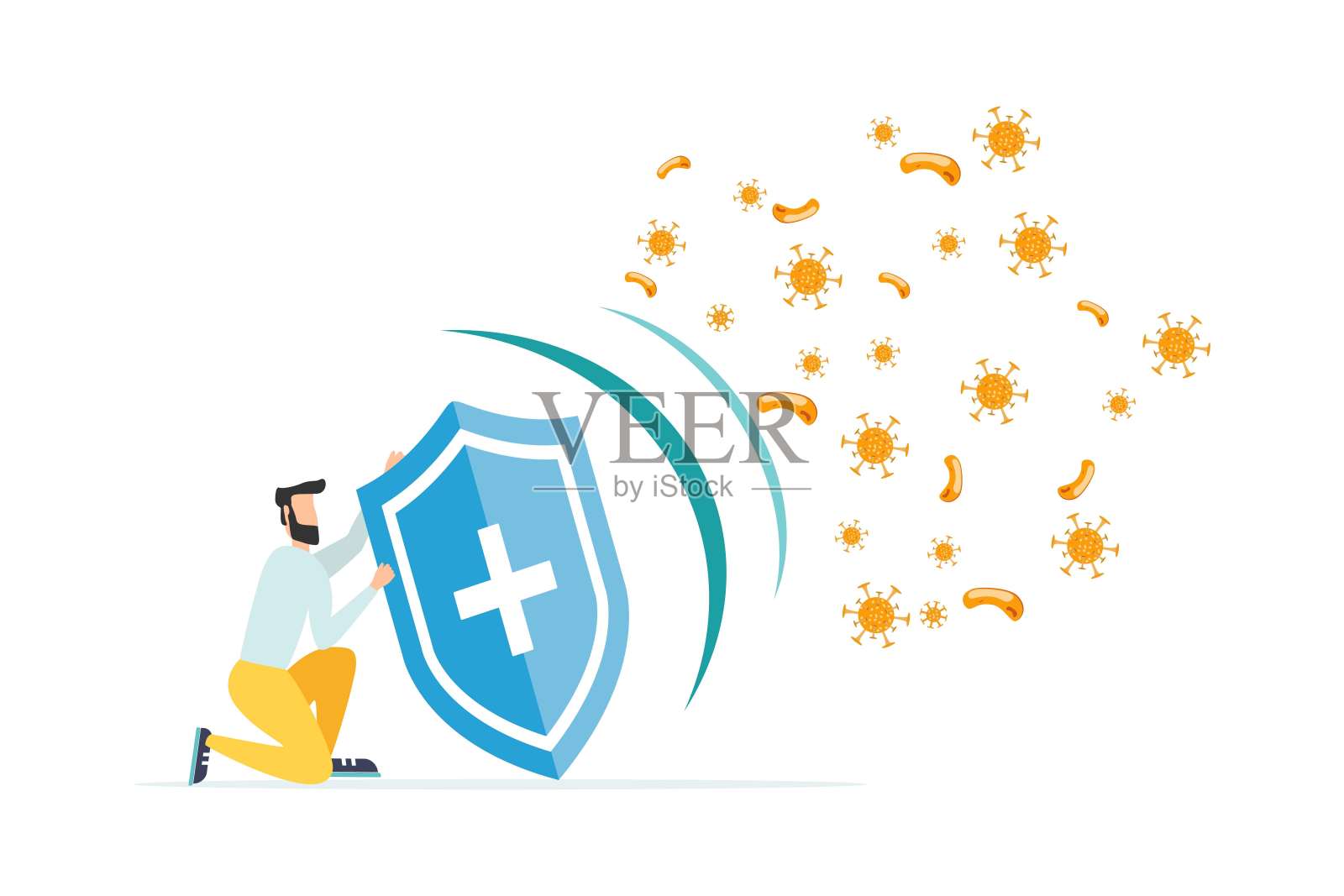 免疫系统矢量图标标志。健康细菌病毒防护。医学预防人体细菌。健康人用盾牌反射细菌攻击。用医学概念说明提高免疫力插画图片素材
