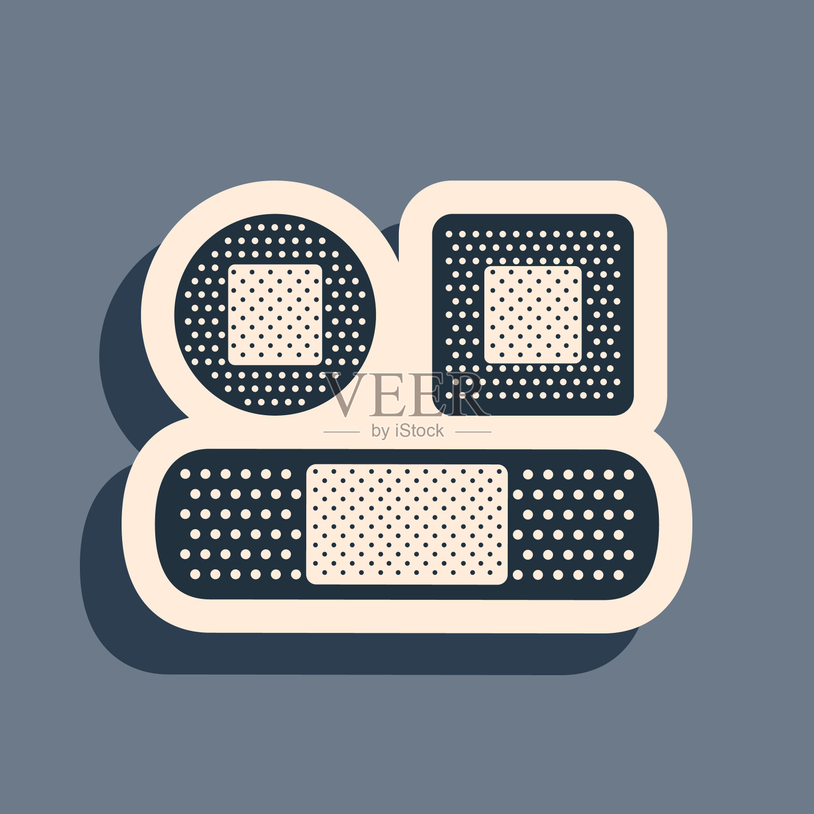 黑色设置绷带石膏图标孤立在灰色背景。医用石膏、胶粘绷带、弹性织物绷带。长长的阴影风格。矢量图插画图片素材