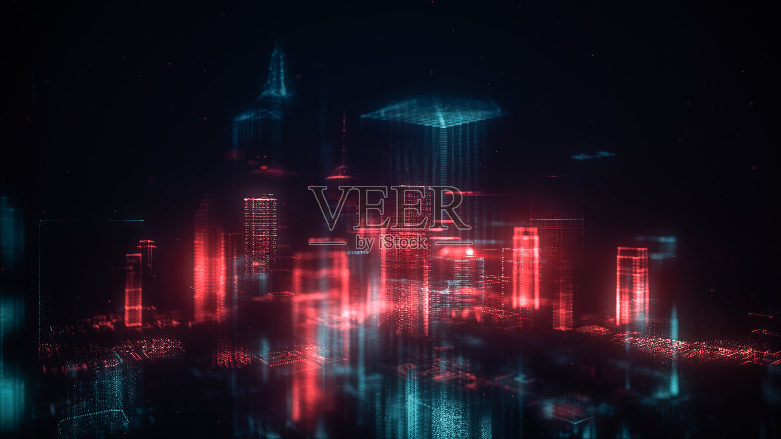 由发光的点组成的数字抽象城市。商业摩天大楼。全息图的建筑。建筑技术发光线和发光粒子的结构。连接的概念。三维渲染照片摄影图片