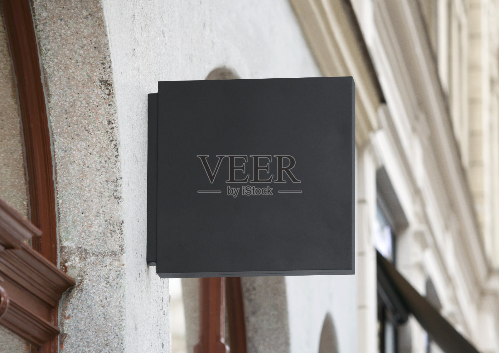 空白商店标识标识设计模型孤立清晰，最小的商店模板，街道悬挂挂壁式招牌，用于标识展示金属咖啡厅餐厅酒吧，塑料标识黑白色圆形矩形零售照片摄影图片