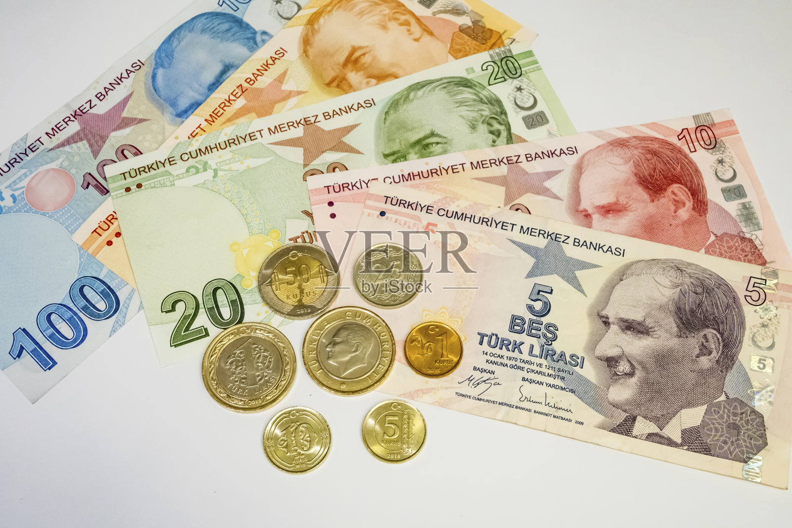 近距离土耳其里拉钞票和硬币的背景照片摄影图片