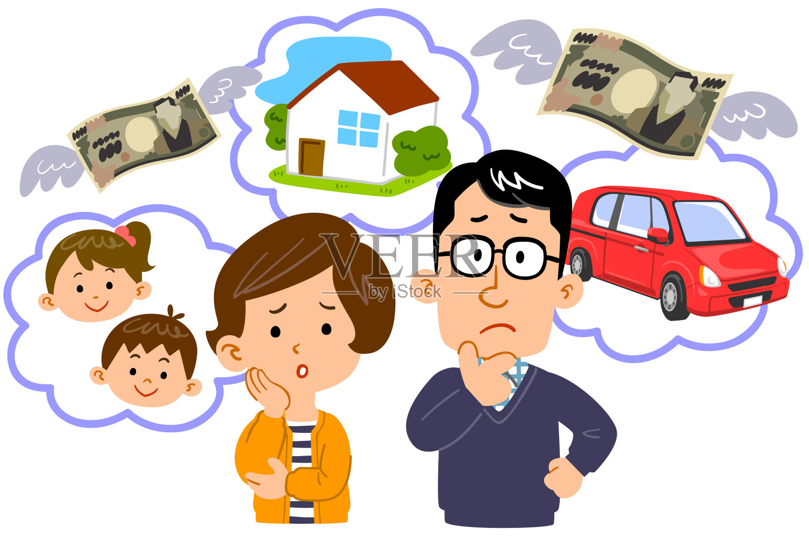 年轻夫妇的上半身承受着各种费用插画图片素材