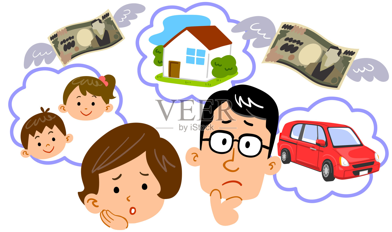 一对年轻夫妇承受各种费用的面部表情插画图片素材