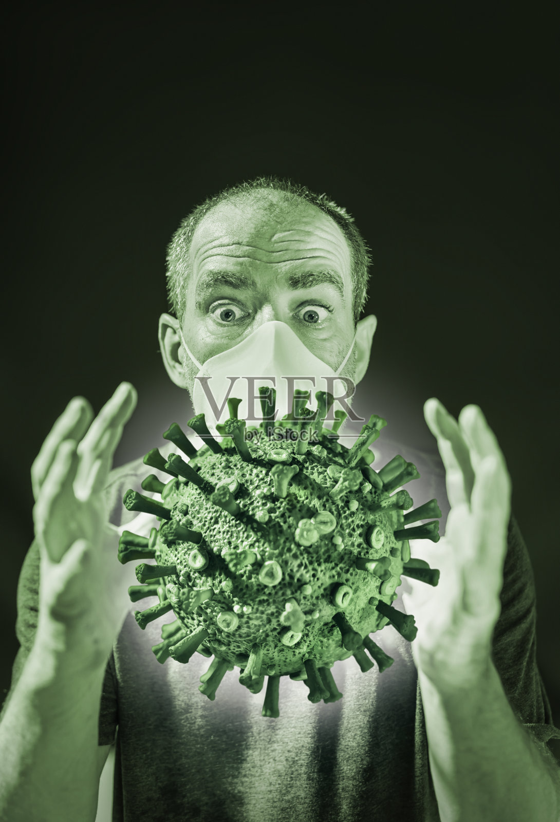 戴牙套害怕新冠病毒微观3D模型的男人照片摄影图片