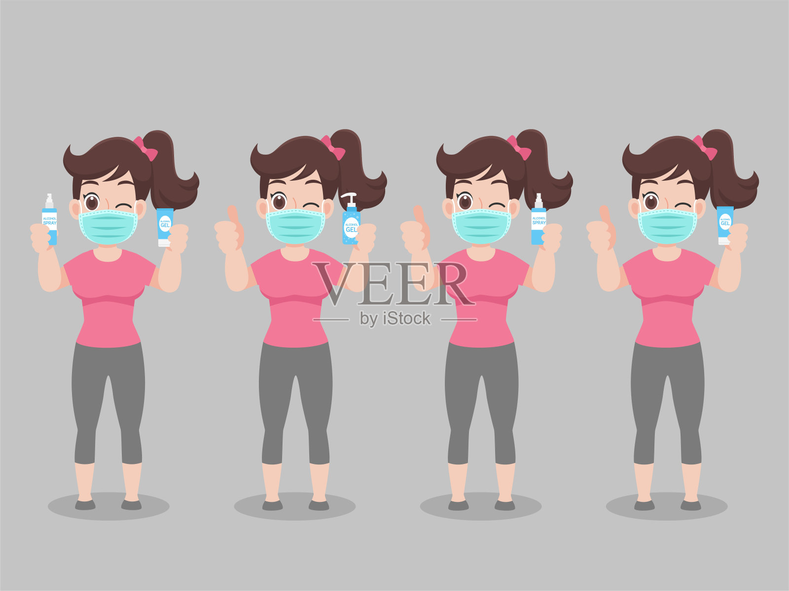 卡通人物女人戴上面具，用酒精凝胶洗手插画图片素材