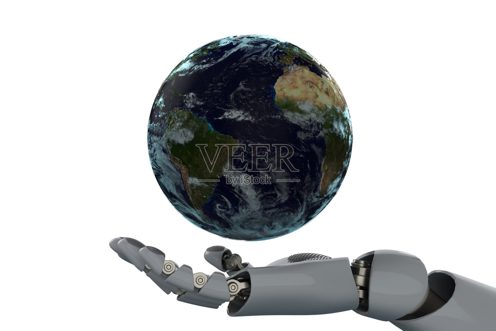 3D渲染行星地球上的机器人手库存照片照片摄影图片