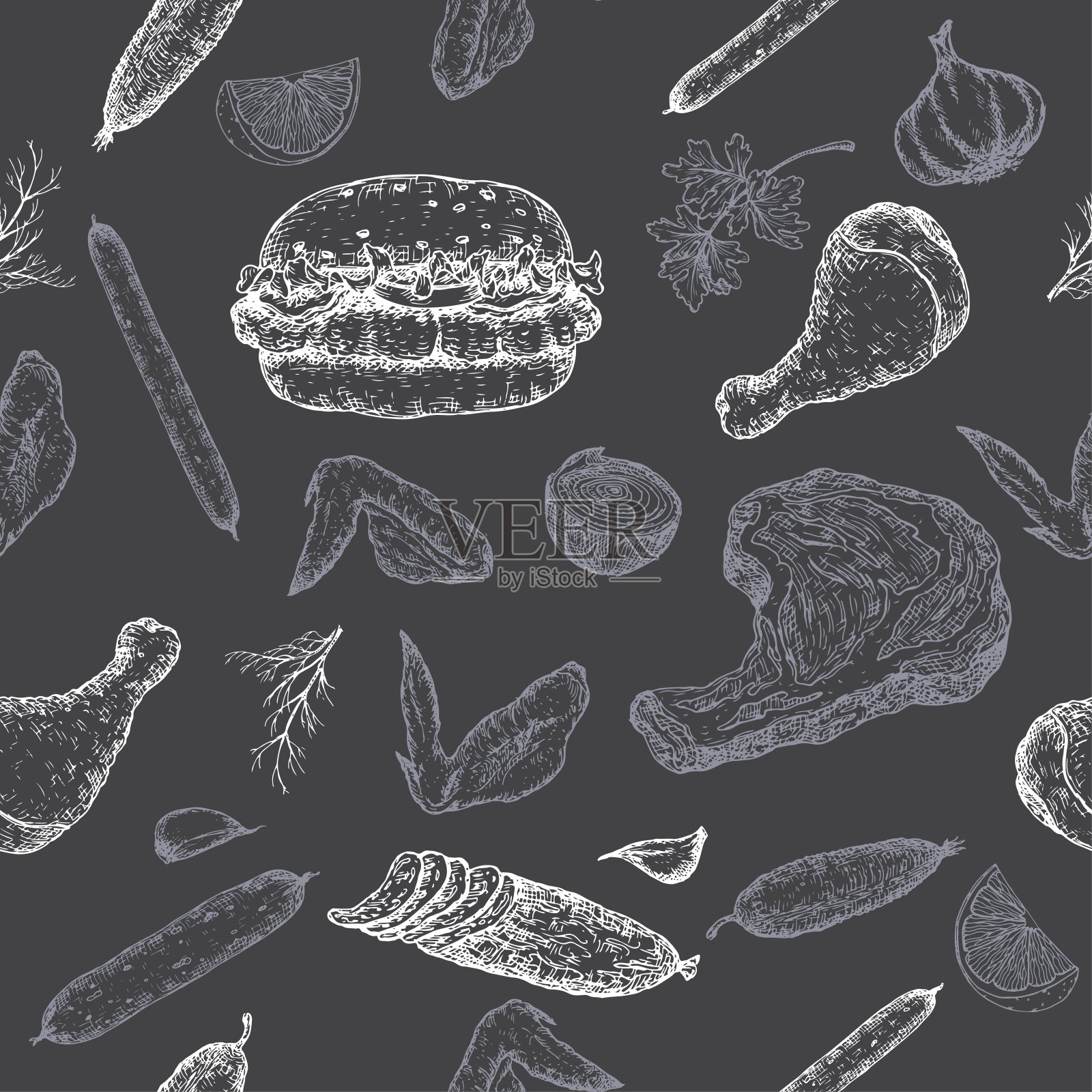 肉制品上无缝纹黑配冷肉、香肠、汉堡、牛排、鸡肉、蔬菜。插画图片素材