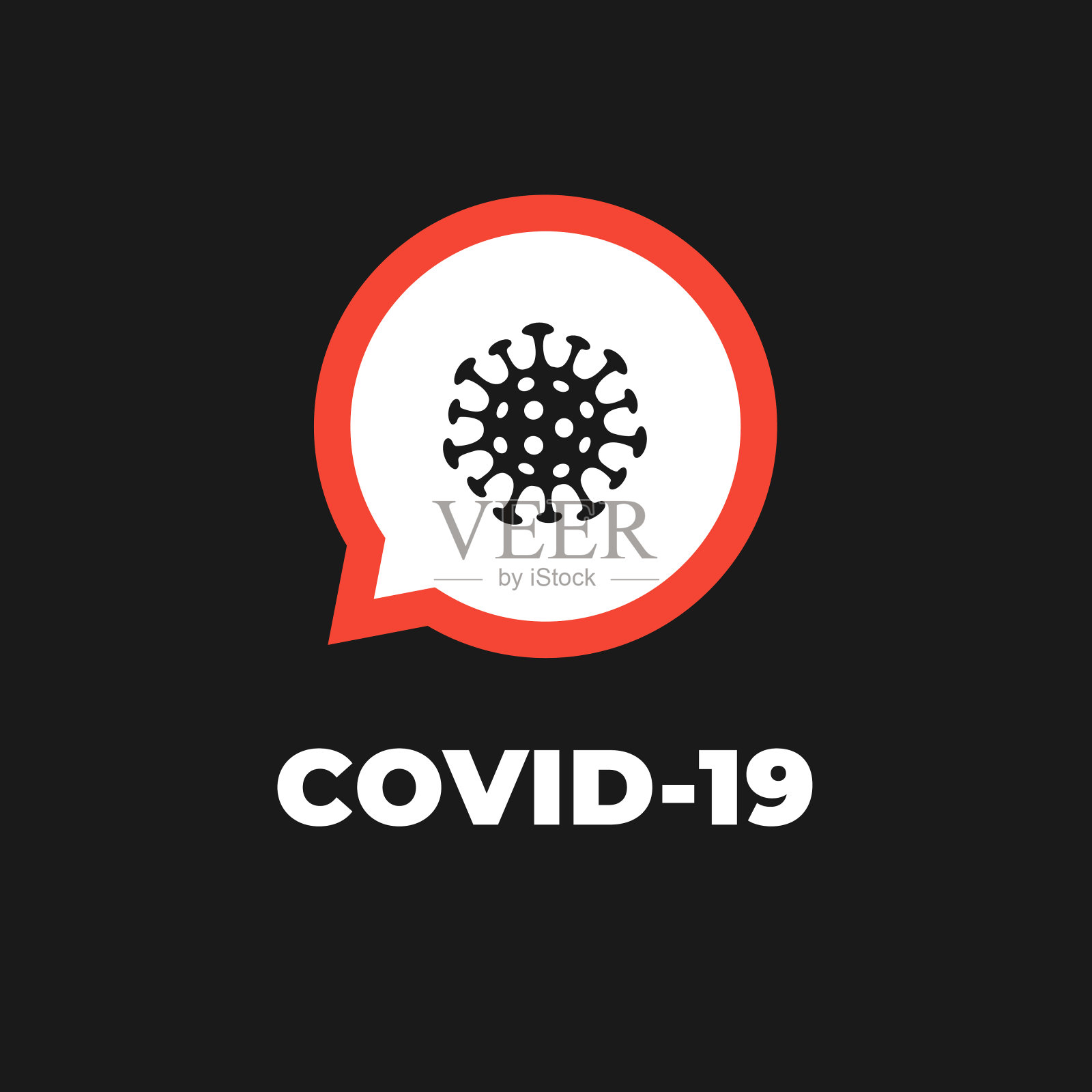 冠状病毒和检疫病毒病的概念。矢量平面插图。红白对话气泡与ncov标志和文本在黑色背景。设计元素为医药横幅，ui，展示。插画图片素材