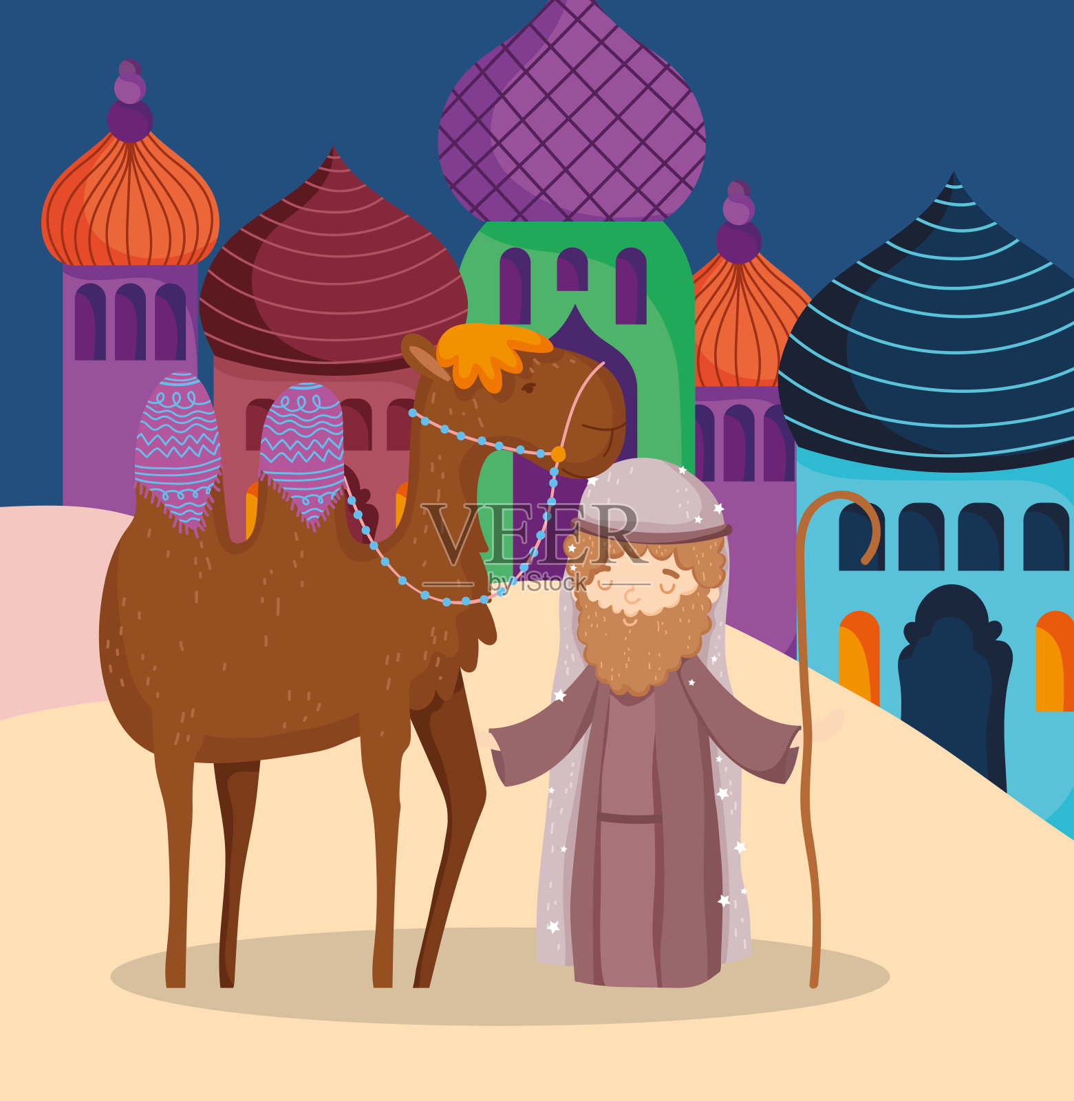 约瑟夫与骆驼在村庄马槽耶稣诞生场景，圣诞快乐插画图片素材