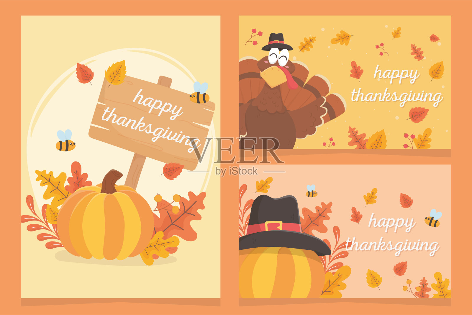 感恩节快乐题词火鸡南瓜朝圣者帽子叶庆祝设计模板素材