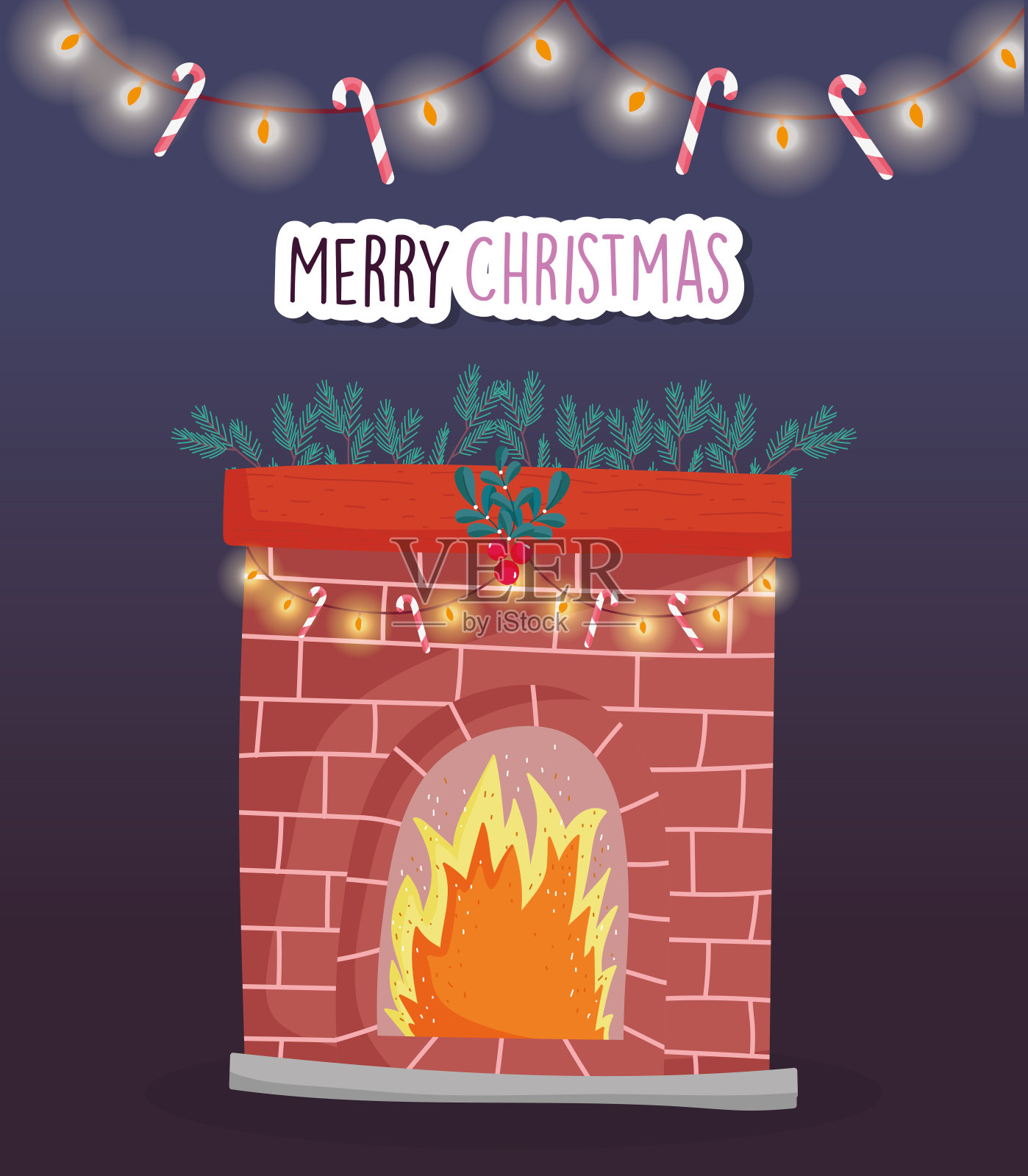 圣诞节庆祝壁炉火焰彩灯拐杖糖插画图片素材
