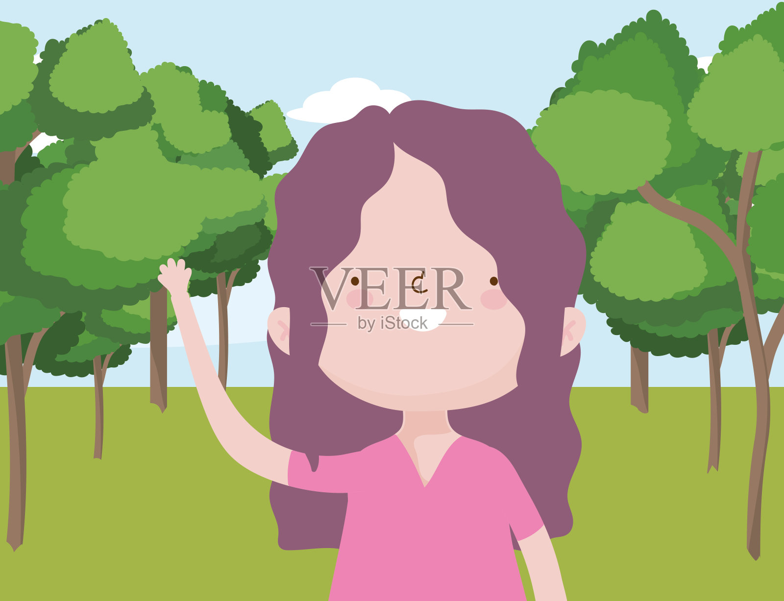 儿童节快乐，国际庆祝可爱的小女孩树草插画图片素材