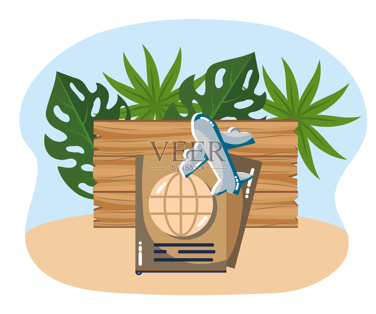 飞机护照热带树叶板旅游度假旅行插画图片素材