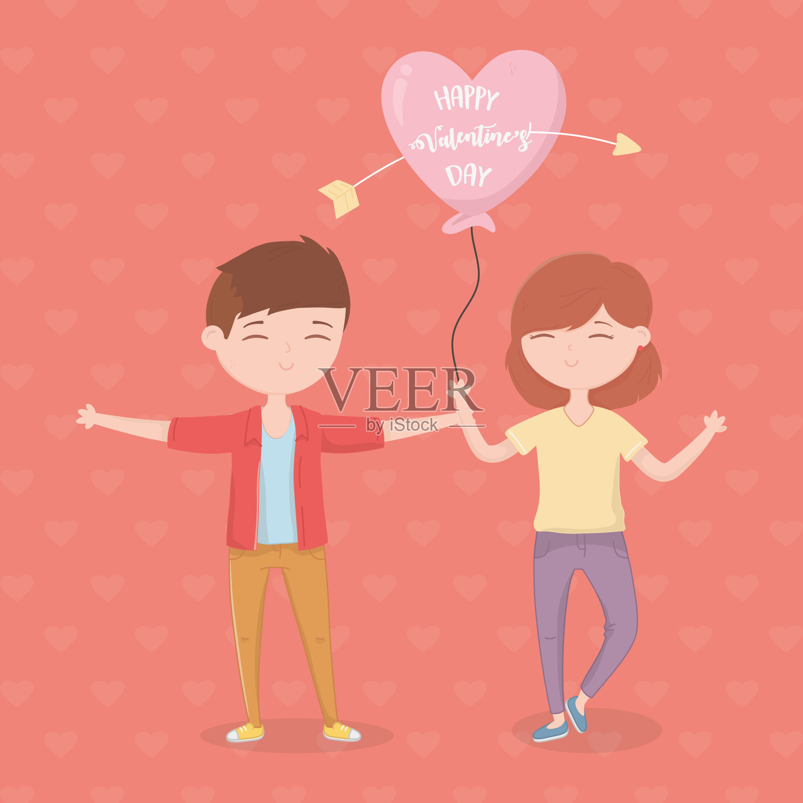 情人节快乐，情侣用气球穿箭心卡插画图片素材